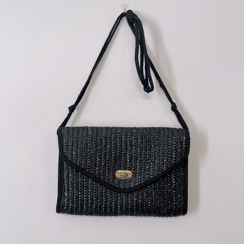 Waves by Tandem bags black woven grass raffia mini flap bag